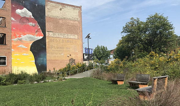 Community gathering space at Safe Harbors Green in Newburgh