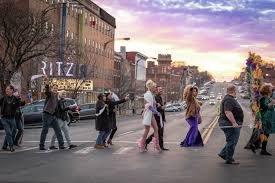 Street scene in downtown Newburgh during Mardi Gras festivities